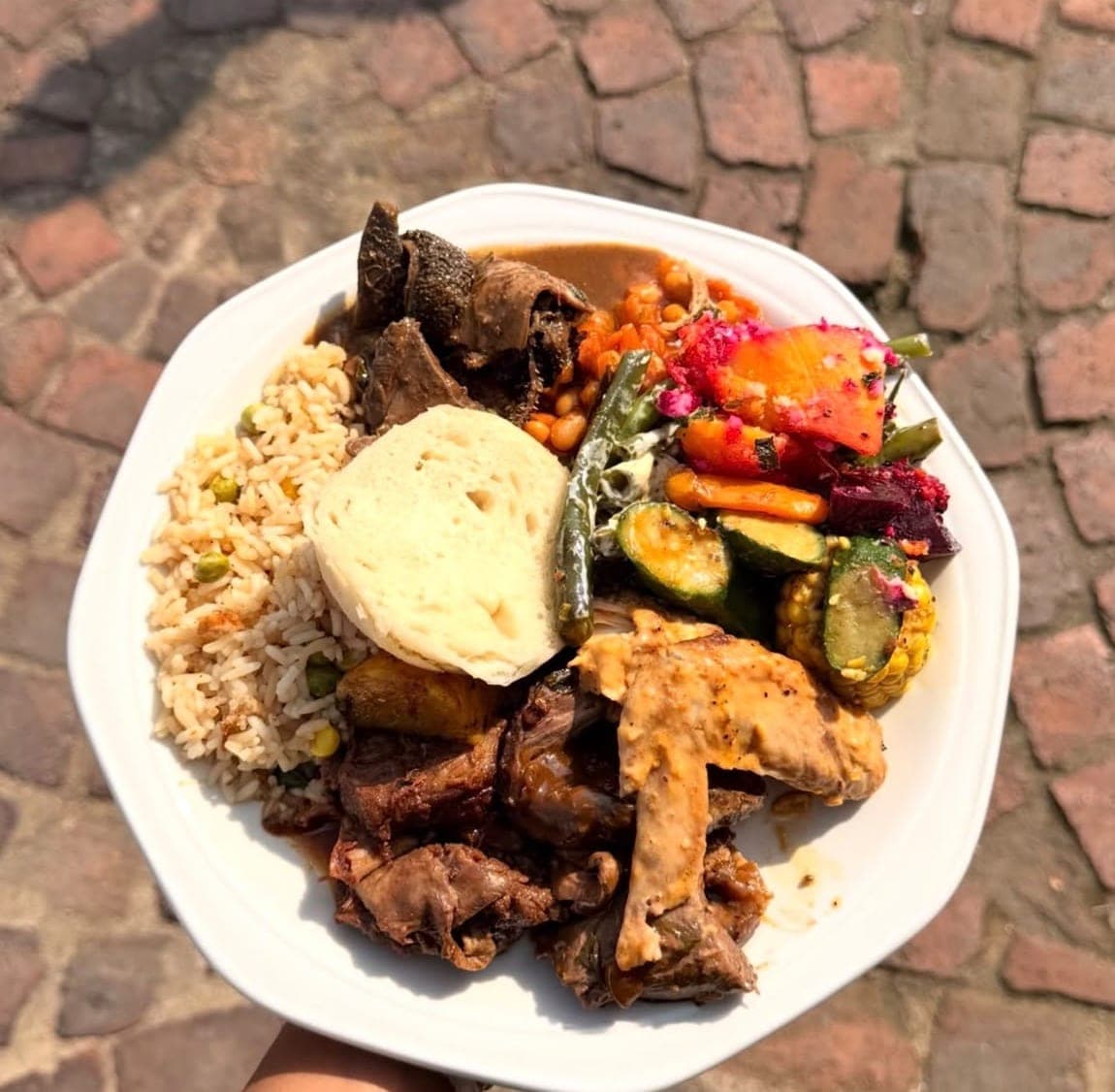 A full plate held up in the sun: rice, steamed bread, slow-cooked beef, chicken in a creamy sauce, green beans, roasted vegetables and beetroot.