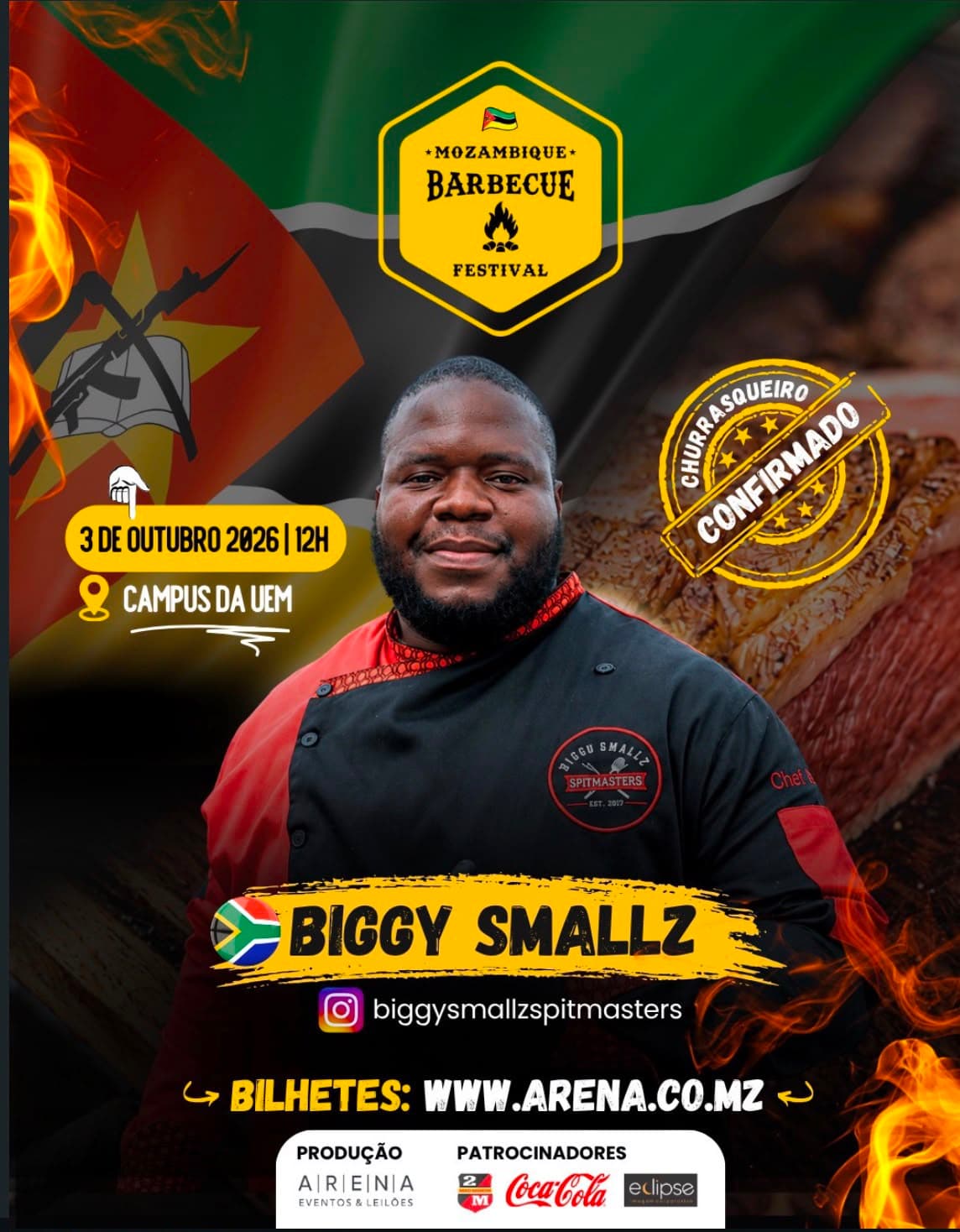 The 2026 Mozambique Barbecue Festival poster, confirming Biggy Smallz as Churrasqueiro.