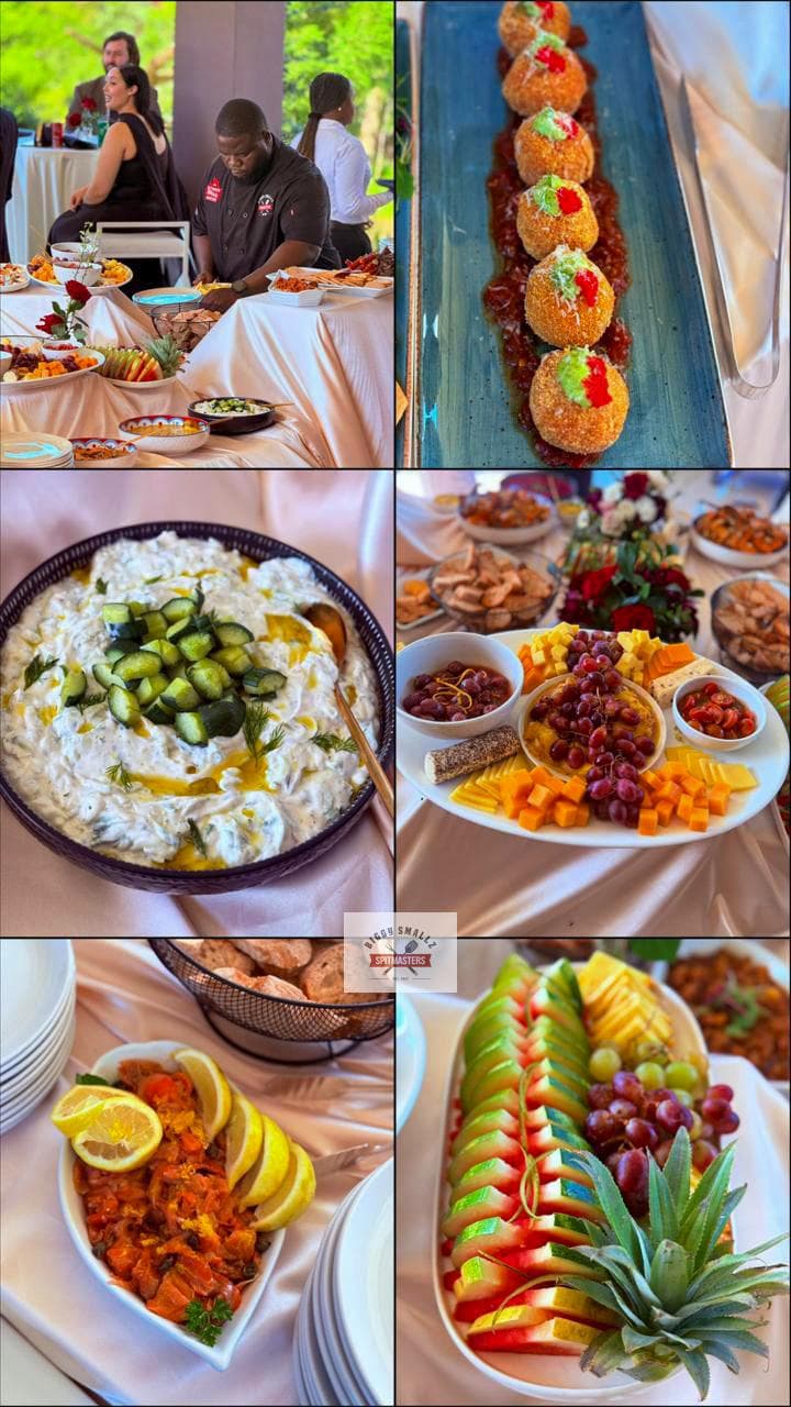 A spread of canapés, dips, cheese and fruit platters from the harvest table.
