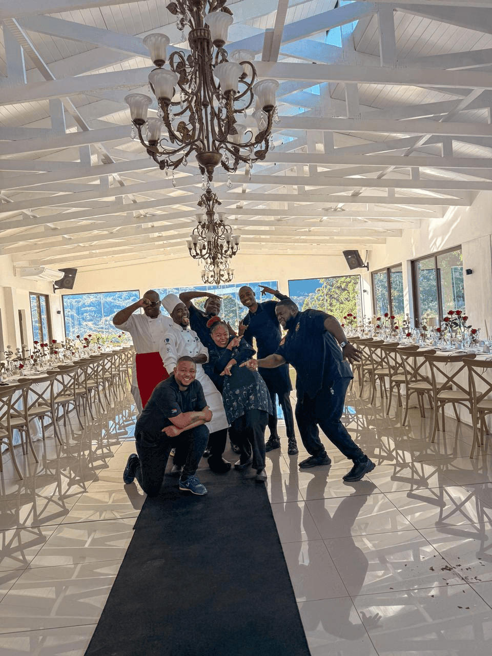 The team messing about between service in the hall at Moyres Venue.